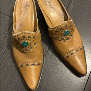 Franco Sarto Tan Leather Mules with Teal Accents